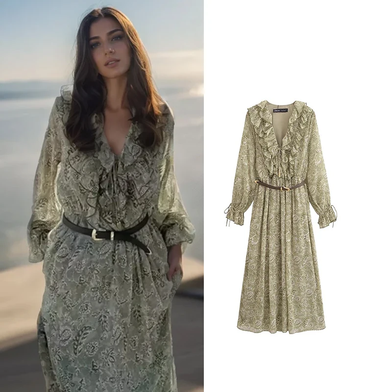 Women's 2025 New Spring Chiffon Print V-Neck Dress