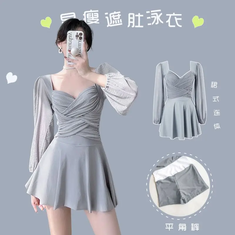 2023 Summer Beach Style Simple Square Neck Gathered High Waisted Long Sleeved Sun Protection Pure Desire Vacation Dress Swimwear