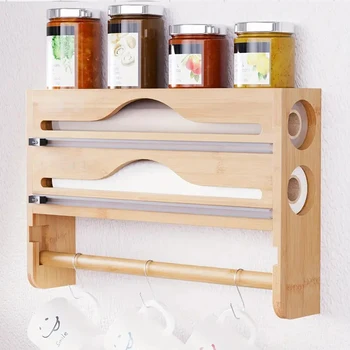 Scatola per taglierino in stagno con pellicola trasparente a 2 scomparti in bambù con organizer per asciugamani di carta da cucina montato a parete 1
