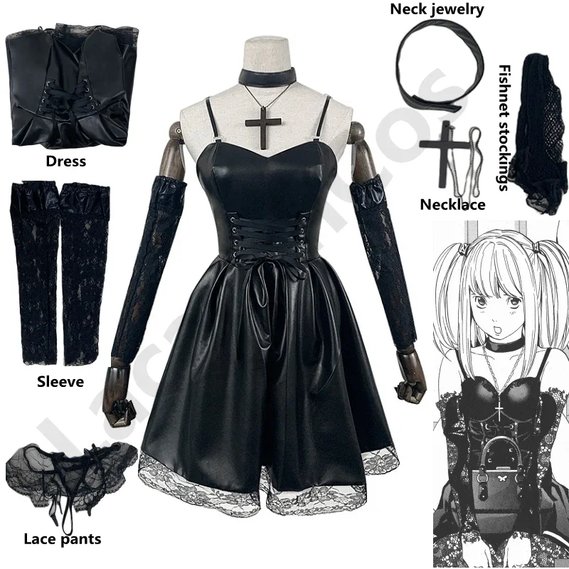 

Death Note Cosplay Costume Misa Amane Imitation Leather Sexy Dress +Neck jewelry+stockings+necklace Uniform Outfit Halloween Wig