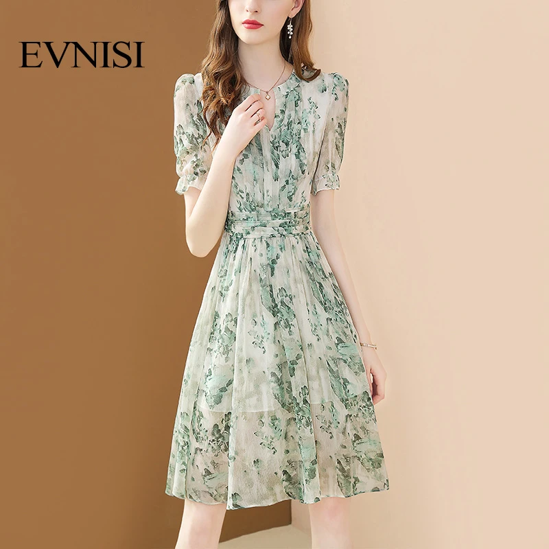 Evnisi Light Green Dresses Chiffon Print Elegant Dress Women 2022