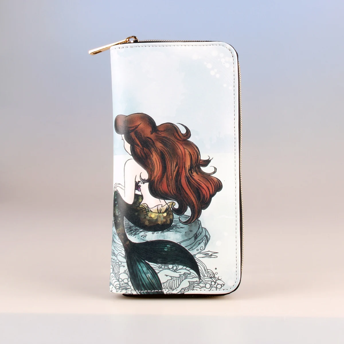 

Cartoon Mermaid Pattern Long Wallet, Zipper Around Coin Purse, Women's Credit Card Holder
