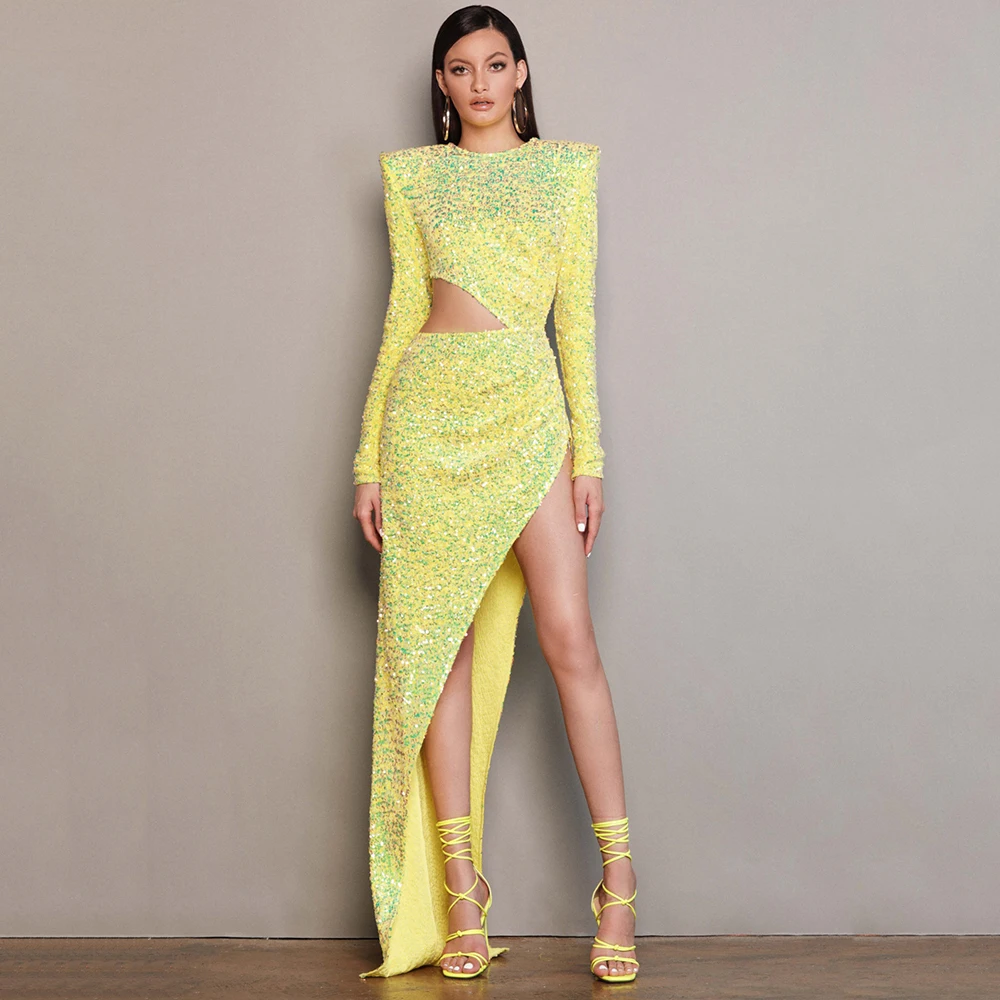 

DEIVE TEGER Autumn New Women's Sequins Long Sleeve Round Neck Irregular Hollow High Slit Long Dress Sexy Party Night Club Dress