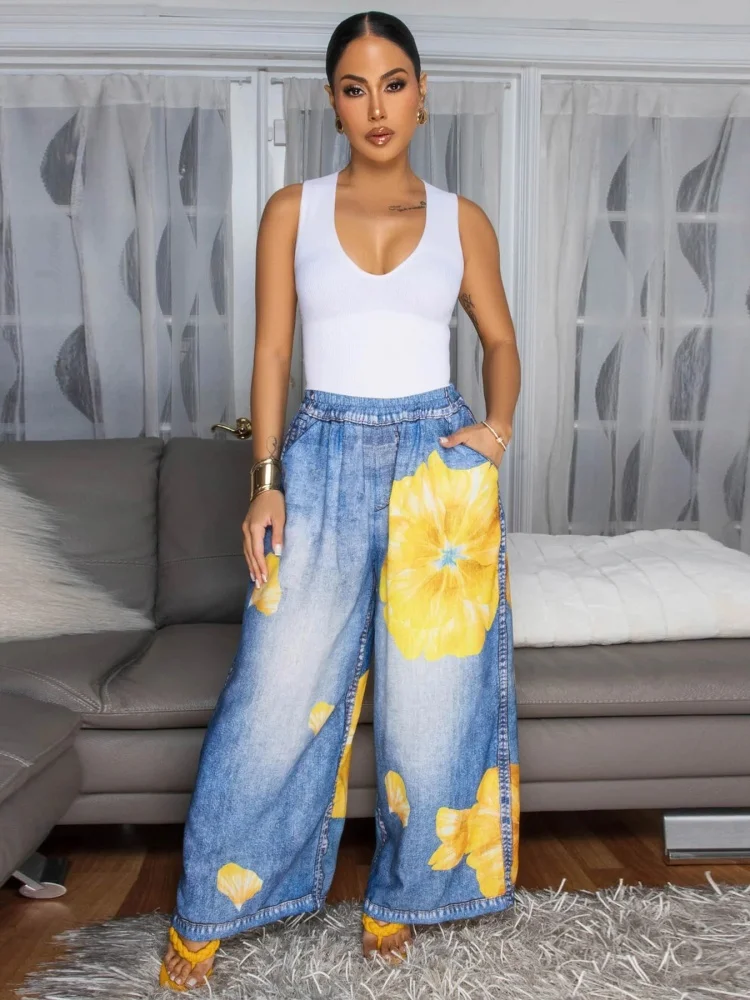 Wmstar Denim Pants Women Wholesale European American Foreign Clothing Russian European Printed Wide Leg Casual Summer 2025