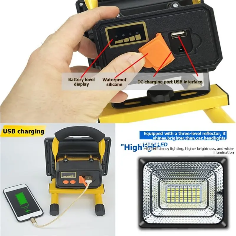 ABKS-100W LED 야외 투광등 휴대용 비상 조명 밝기 조절 가능 백색광 캠핑 텐트용 충전식