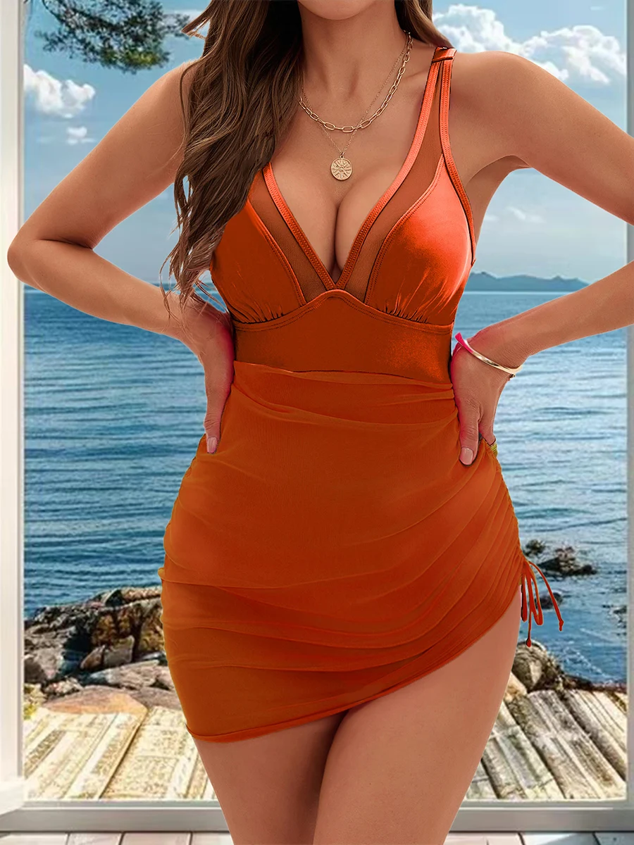 Women s  Swimsuit Deep V Neck Ruffle Sleeve Swimwear Tummy Control Mesh Sheer Bathing Suit Beachwear with Adjustable
