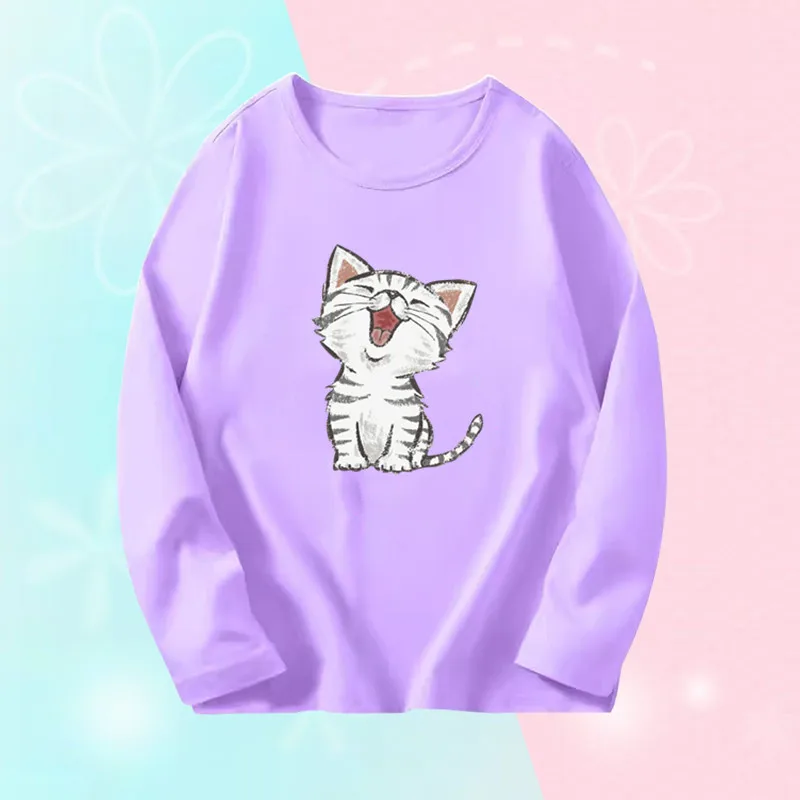 3~14 Years Girl Long Sleeve T-Shirts Cute Sweet Girl Tee Tops Cute Cat Graphic O-Neck Top Little Girl Casual T-Shirts 3