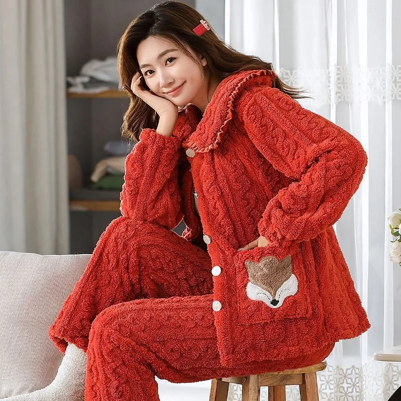 2024 Coral Velvet Pajamas Women Winter Thicken Sleepwear Jacquard Plush Warm Loungewear Girls Household Clothing Suit Outer Wear