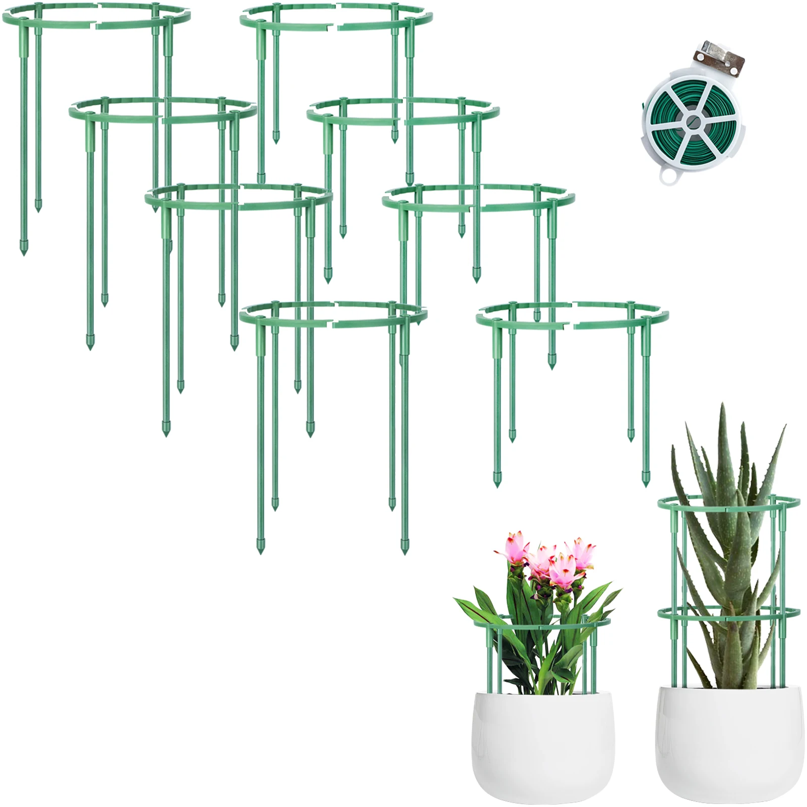 8 Packs Plant Support Stakes, Stackable Flower Support Stake, Plant Supports with 65Ft Twist Tie, Stakes for Garden Indoor