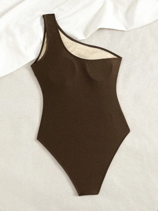 Solid One-Piece Suits One Shoulder Bathing Suit Asymmetric One Shoulder Waist Gathered Twist Gold Metal Buckle High Leg Swimwear - 4