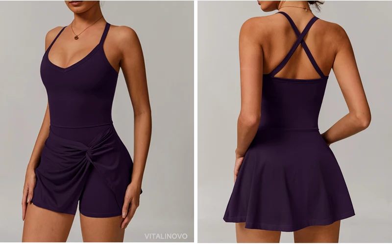 VITALINOVO Womens Tennis Dress with Shorts Underneath Workout Dress with Built-in Bra Deep V Neck Athletic Dresses Golf Dress