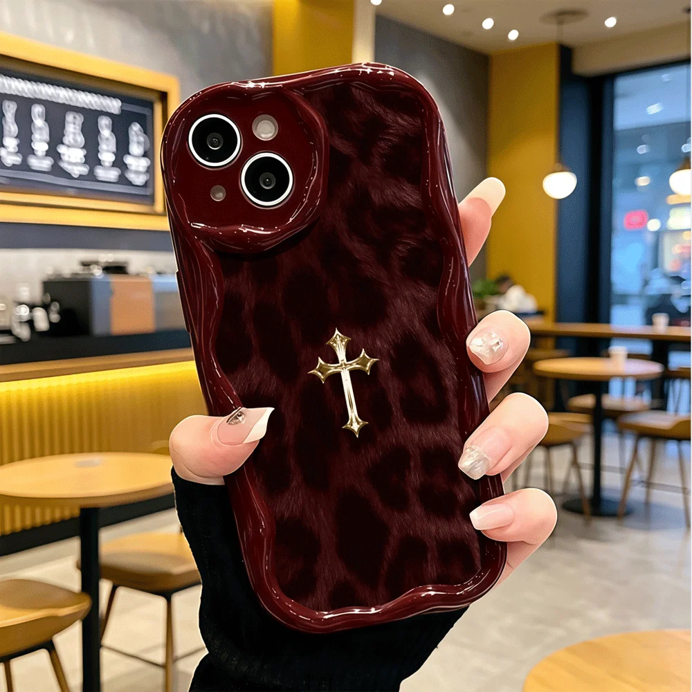 Shockproof Soft Cream Wavy Leopard Metallic Fur Cross Phone Case
