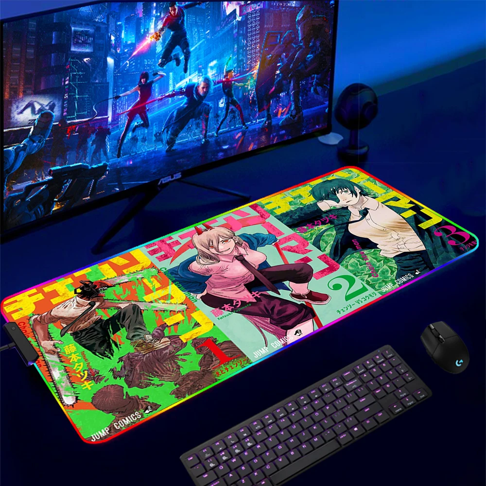 

Chainsaw Man Mouse Pad RGB Mousepad Anime Xxl LED Gaming Large Desk Protector Extended With Wire Backlight Keyboard Luminous Mat