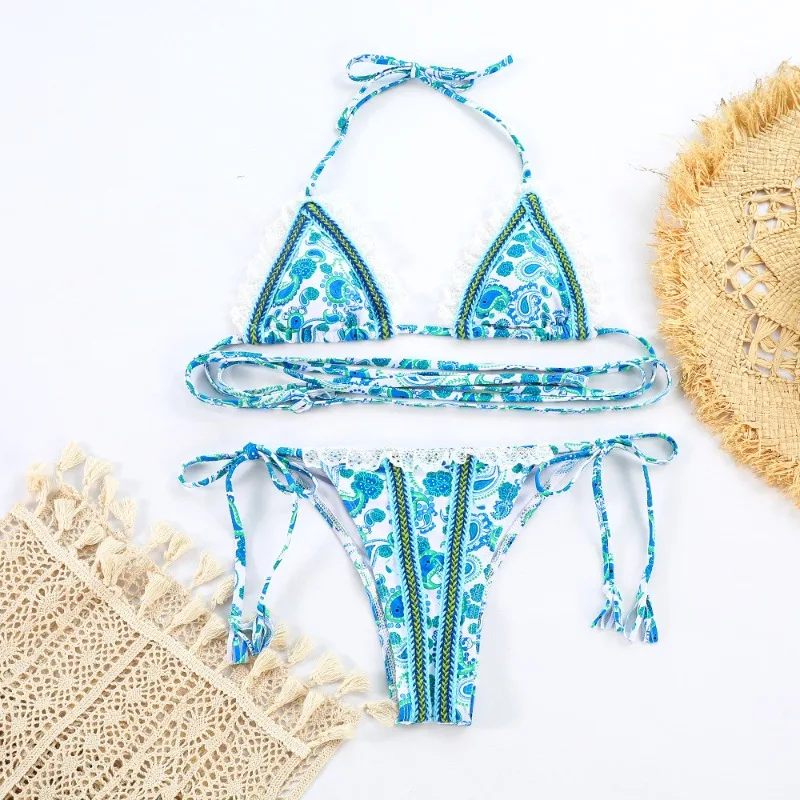 Women's Ditsy Floral Print Cut Out Thong Micro Bikini Set 2 Piece Swimsuits Spaghetti Strap Bathing Suits