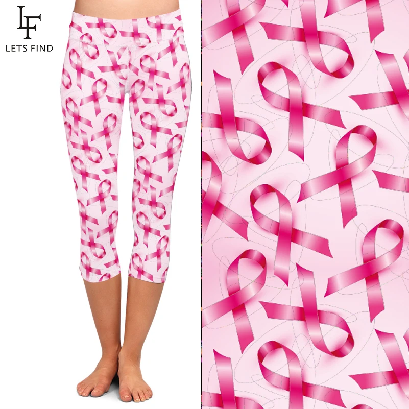 LETSFIND High Quaility Soft Milk Silk Pink Ribbon Print Women Fitness Capri Leggings High Waist  Stretch Leggings