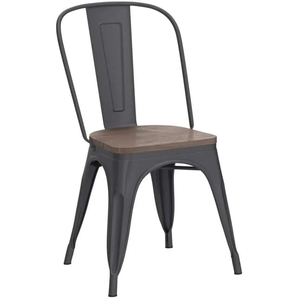 Metal Dining Chair Stackable Industrial Vintage Kitchen Chairs Indoor-Outdoor Bistro Cafe Side Chairs with Back and Wooden Seat 4