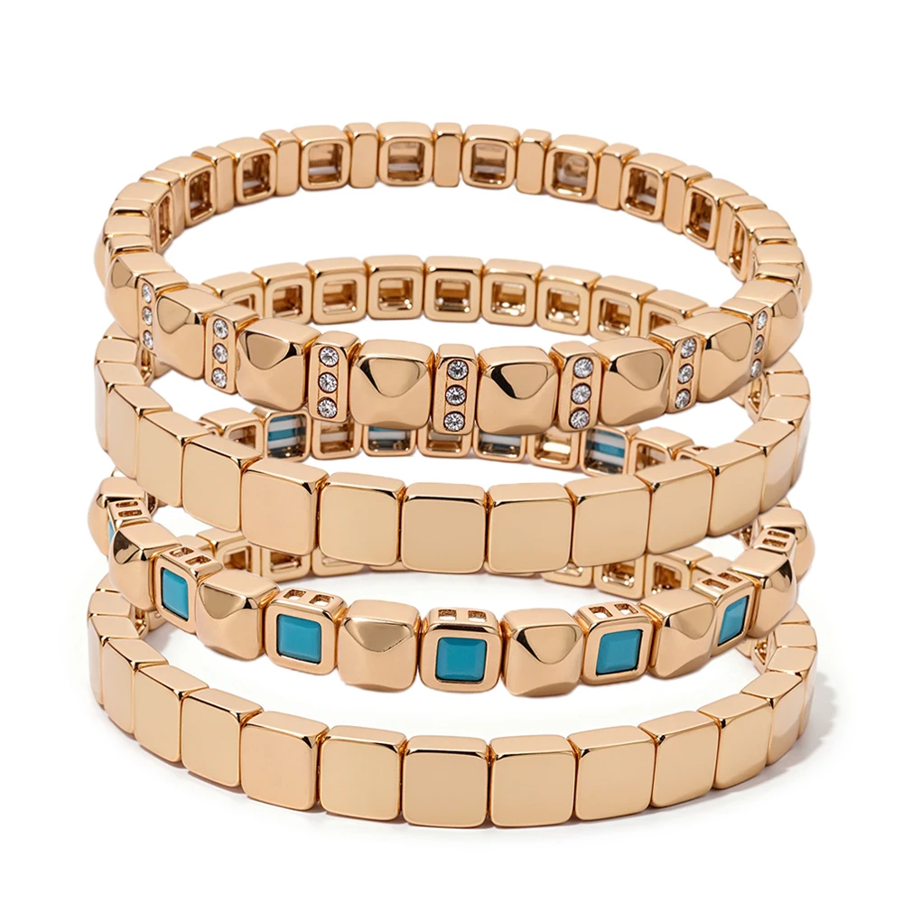 BEUTIFOR 6mm Gold Color Stone Charm Beaded Bangle For Women Elastic Beads Bracelets