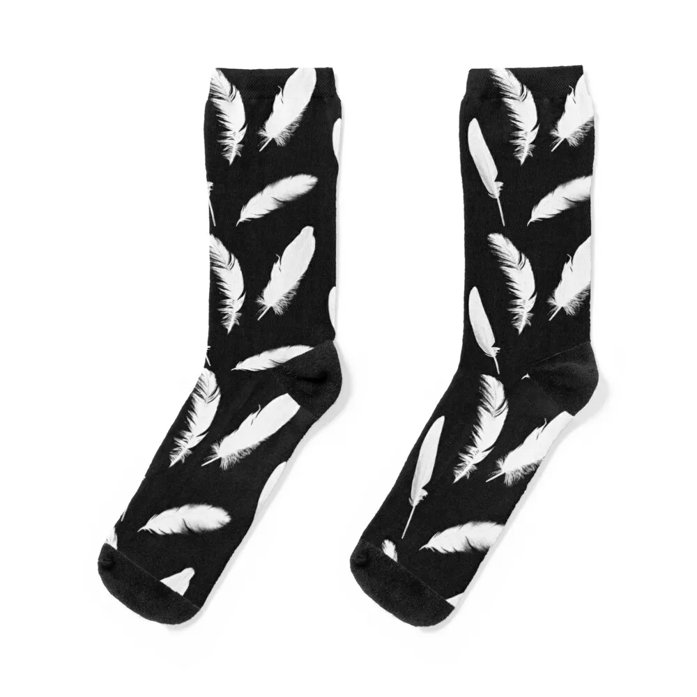 

White Feather Print on Black Socks Non-slip professional running Wholesale cotton Man Socks Women's