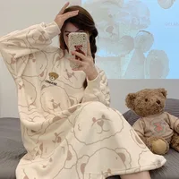 Winter Warm Pajamas Coral Fleece Long Sleeve Dresses Midi Length Cartoon Student Flannel Home Nightdress Striped Thickened Pajam - Image 5