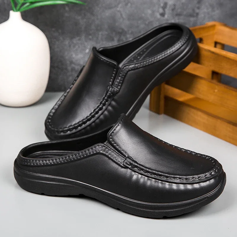 

Men's Anti-skid Driving Shoes Chef's Shoes Breathable Leather Shoes New Casual Sandals High-quality Soft Sole Half Slippers