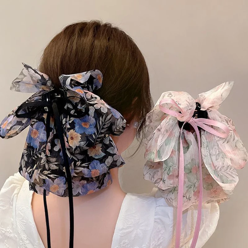 

New Woman Break Flower Gauze Ribbon Bowknot Hair Claws Lady Hairpins Barrettes Gilrs Elegant Large Hair Clips Hair Accessories