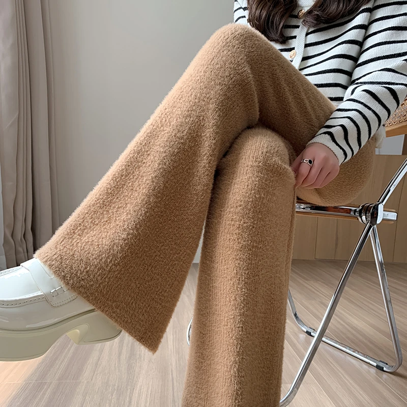 Limiguyue Mink Cashmere Wide Leg Pants Women Autumn Winter Mopping Trousers  Vintage Knitted Soft Pants Elastic Waist Knitwear