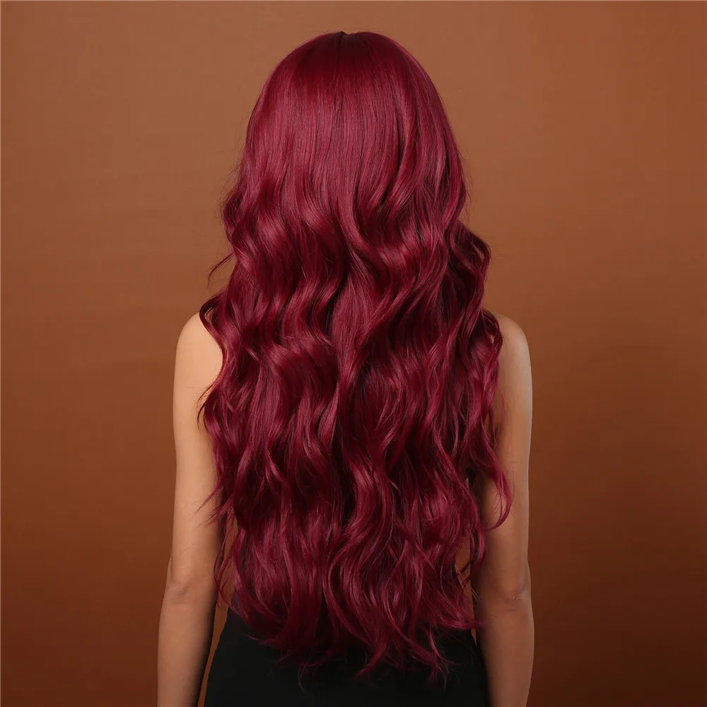Wijnrode pruiken voor vrouwen Lange bordeauxrode golvende pruiken met pony Cosplay Party Dagelijkse pruik Synthetisch haar Hoge temperatuur pruik_voghion.com