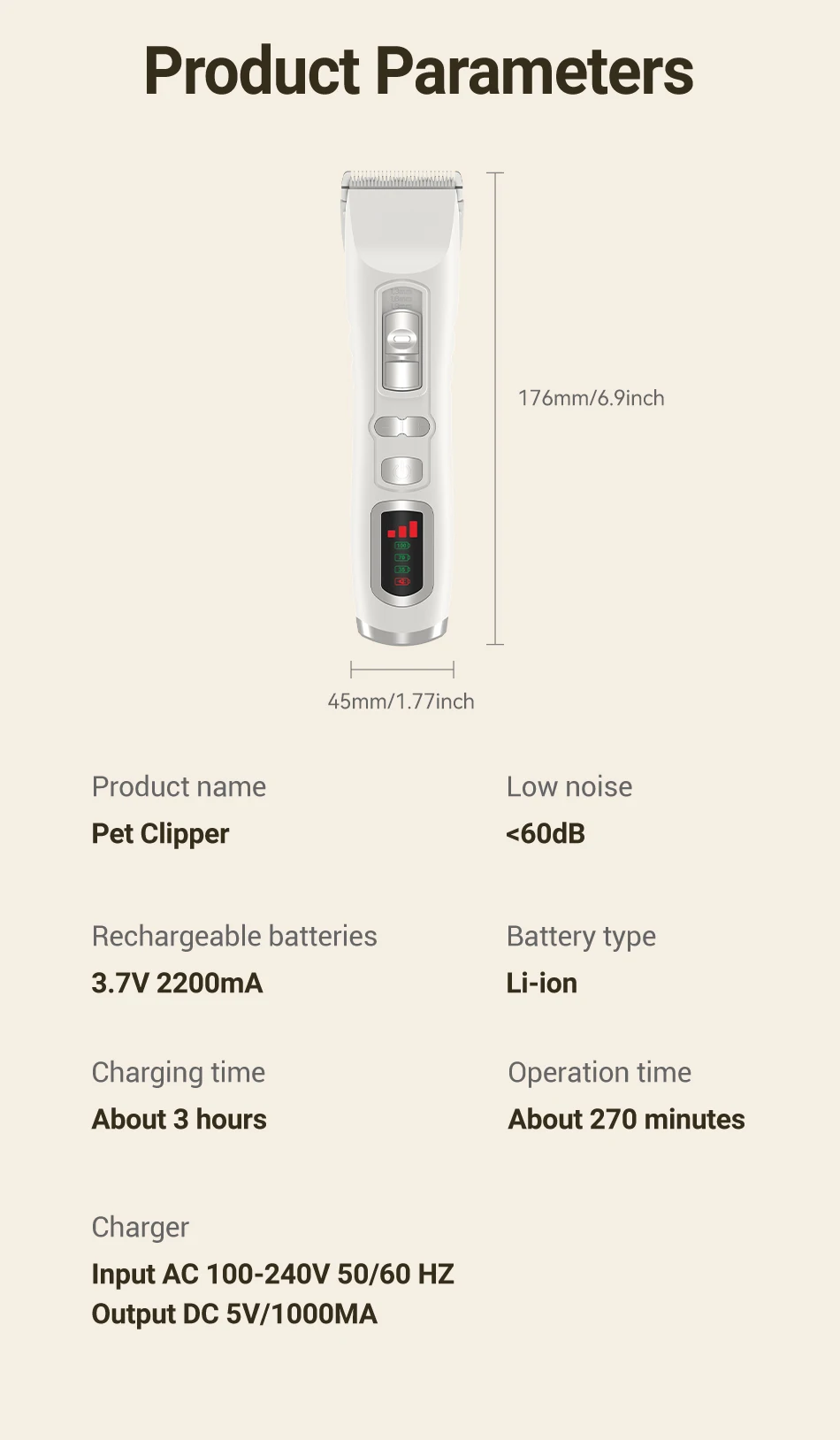 ROJECO Electric Dog Hair Trimmer Professional Pet Hair Clipper Shaver Haircut Pe