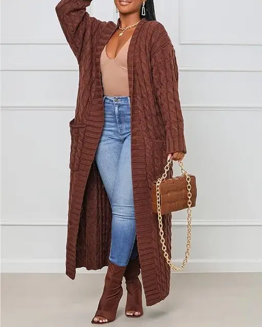 Sweater Women 2022 Autumn Winter Fashion Open Front Cable Knit Casual Plain  Long Sleeve Daily Pocket Longline Cardigan - Cardigan - AliExpress