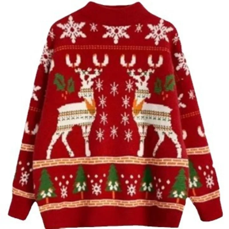 thumbnail image 1 of Suéter rojo de alce grueso de otoño e invierno con temática navideña, atuendo para padres e hijos, suéter holgado de estilo perezoso de alta gama, suéter suave, 1 of 5