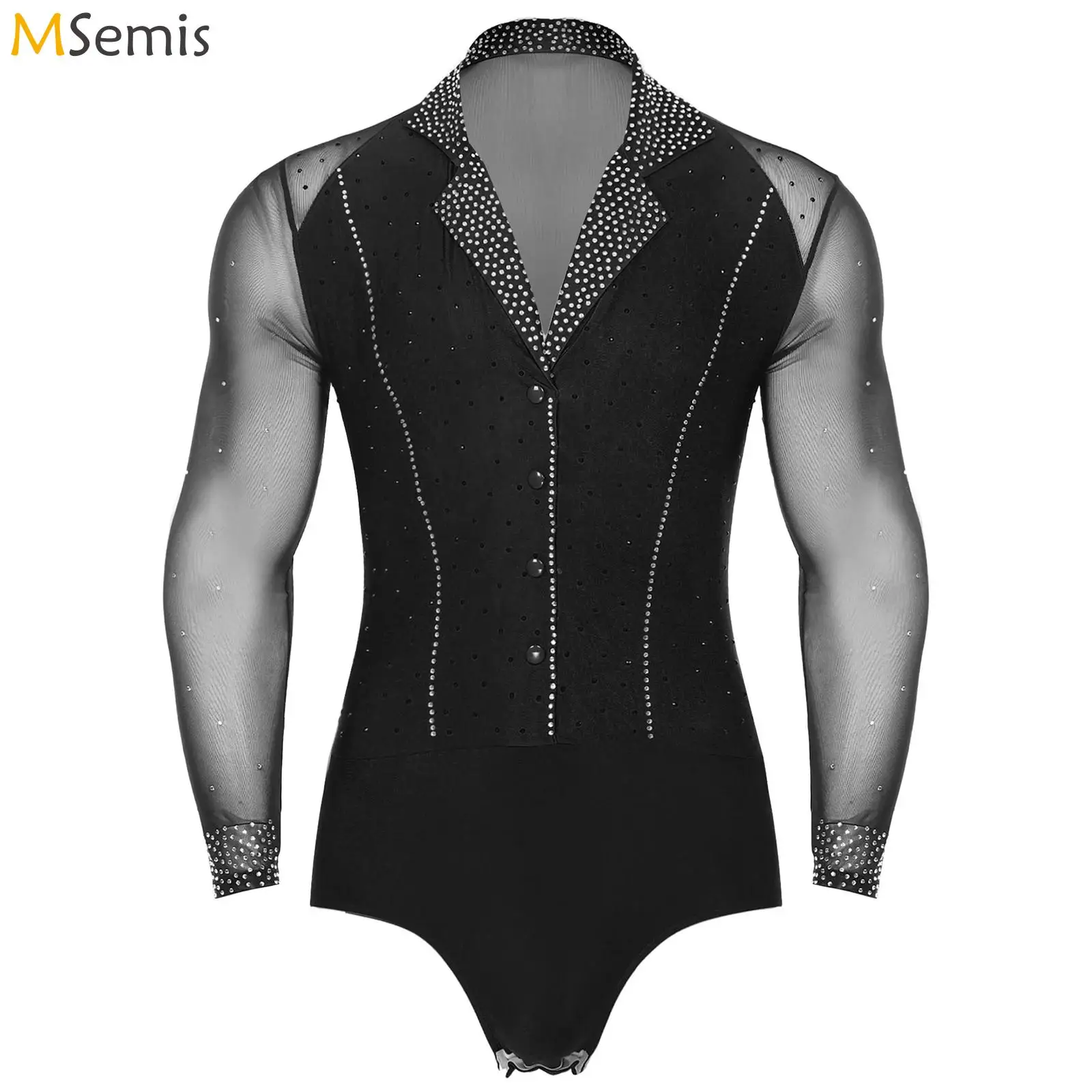 Mens Shiny Rhinestones Latin Tango Rumba Dance Shirt V-neck Long Sleeve Jumpsuit Ballroom Leotard Bodysuit Shirt Tops Dancewear dance shirts
