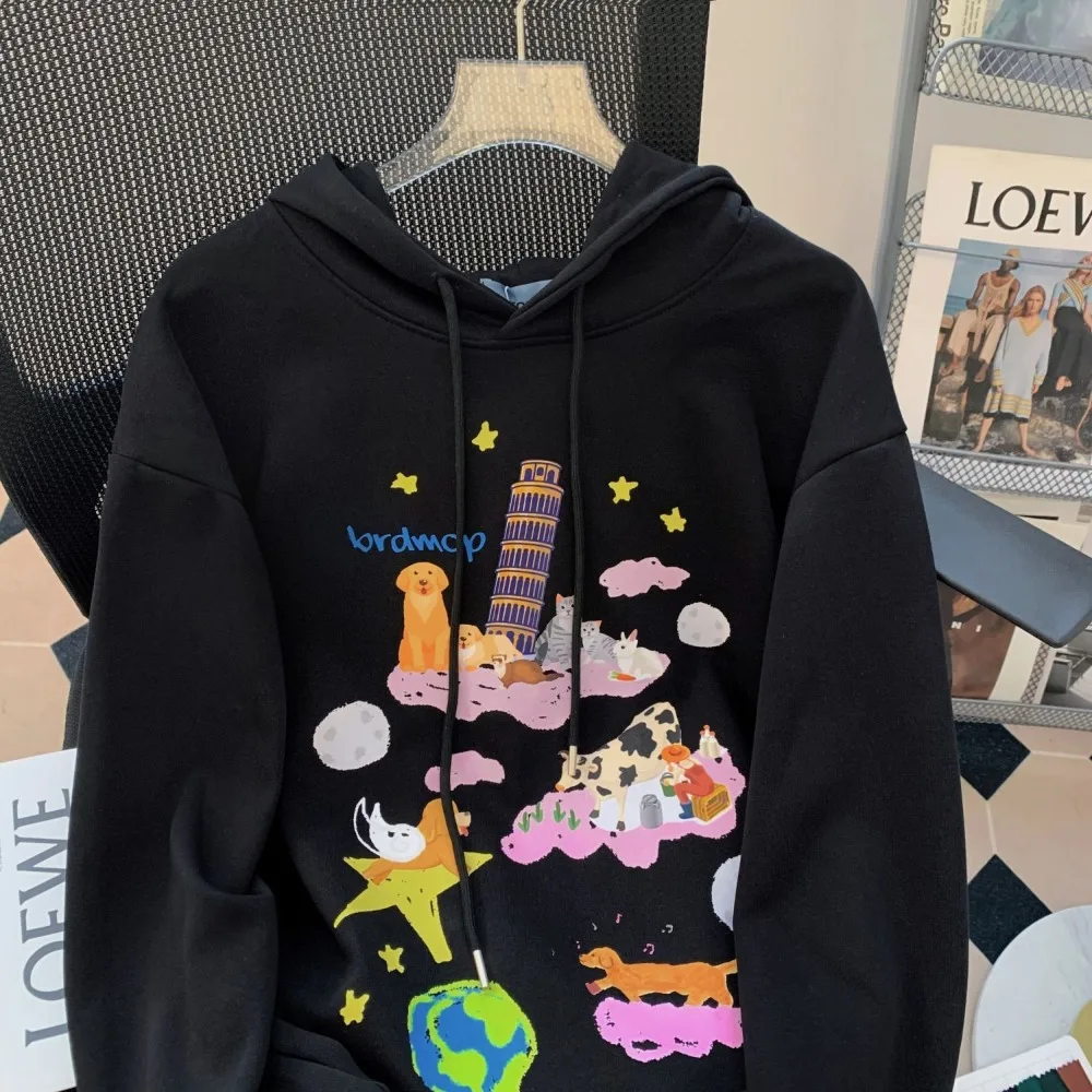 

New American Vintage Cartoon Painting Y2K Anime Hoodies Kawaii Sweatshirt Couples Students Loose All-match Autumn Winter Clothes