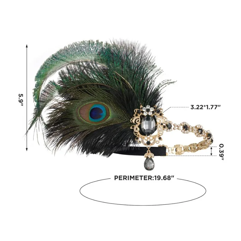 Fascia Per Capelli Con Piume Di Pavone E Strass, Anni '20 Stile Gatsby, Fascia Regolabile - 2