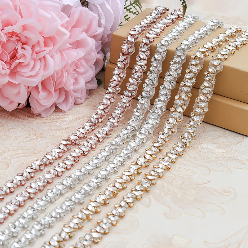 

WENXI 5YARDS Wholesale Iron On Rhinestone Applique Trim For Wedding Dress WaistBand Rose Gold Crystal Delicacy Bridal sash WX863