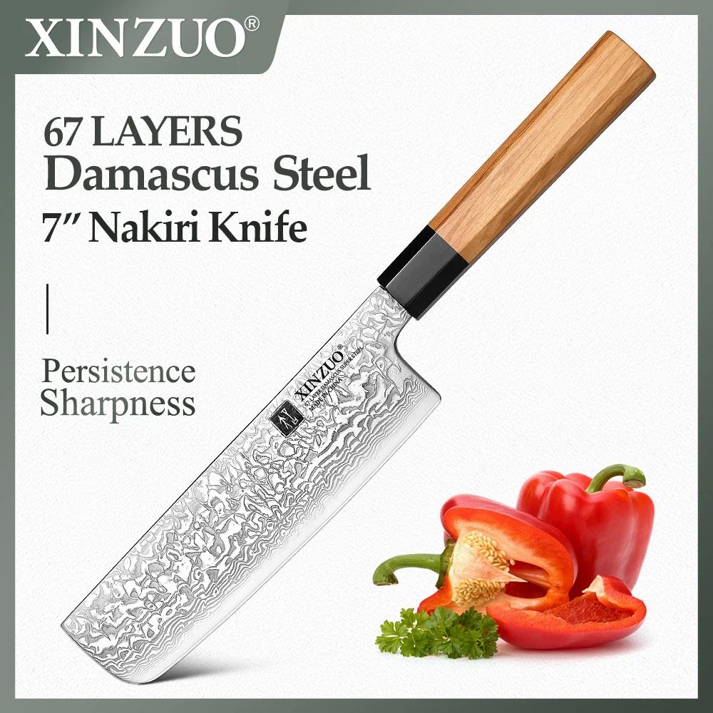 

XINZUO 7" Nakiri Knife Custom 67 Layers Damascus Steel Meat Cleaver Multipurpose Knife Sharp Blade Professional Chef's Knife