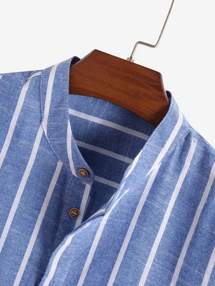 ZAFUL Striped Shirts for Men Half Button Collarless Short Sleeve Blouses Casual Streetwear Pullover Office Tops Z4984953