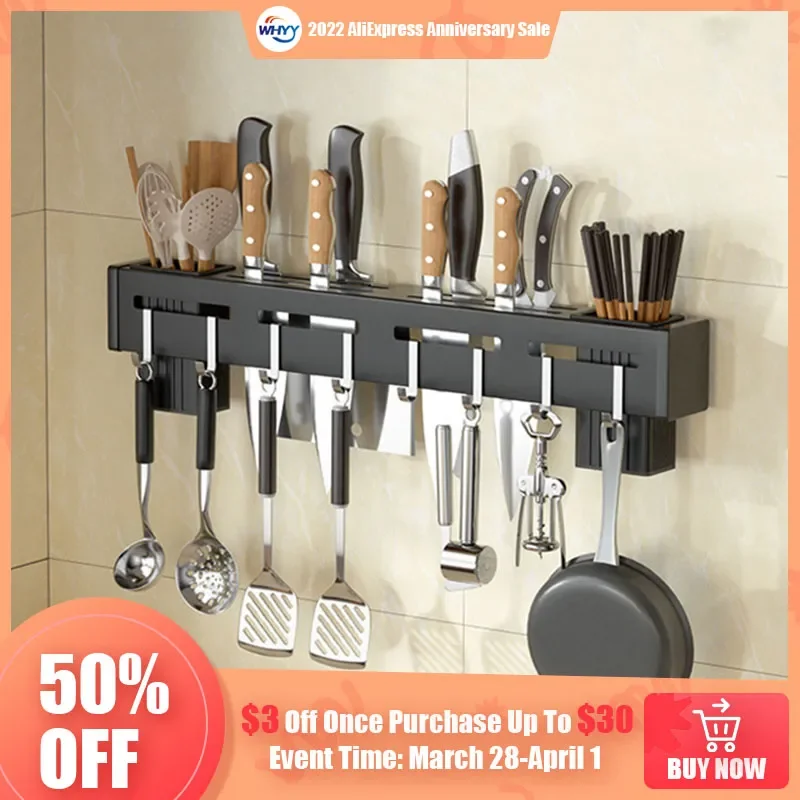 Stainless Steel Shelf Wall Mounted Knife Rack Kitchen Nail-Free Organiser Knife Rack with Hooks Cabinet Organiser Single Kitchen 4