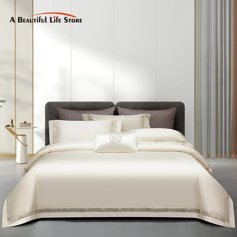 1400TC Egyptian Cotton Bedding Set, Hollow Lace Wide Edge, Soft Duvet Cover Set, Bed Sheet, Pillowcases, Luxury Hotel Style