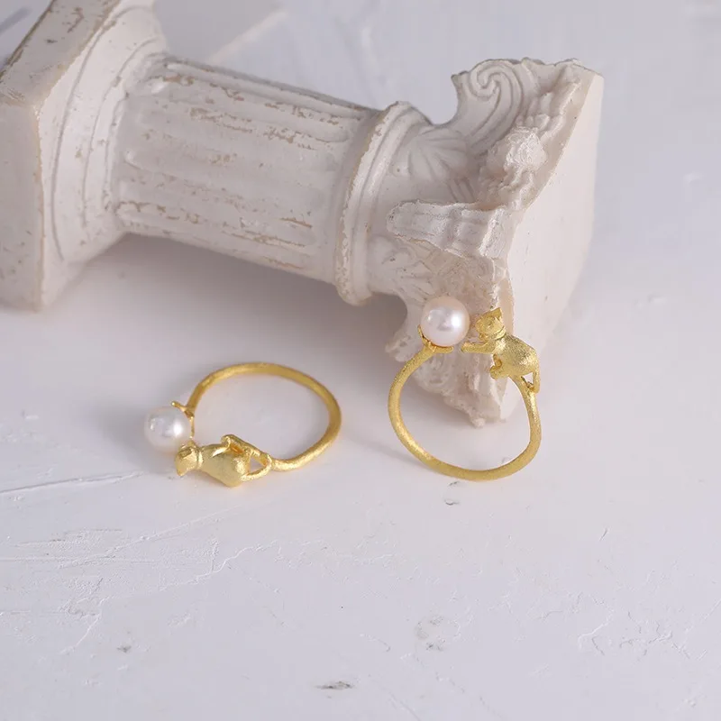 Anello Aperto Regolabile Con Perla E Gatto – Ipoallergenico, Placcato Argento, Per Donne E Ragazze, Regalo In Sacchetto Di Cotone