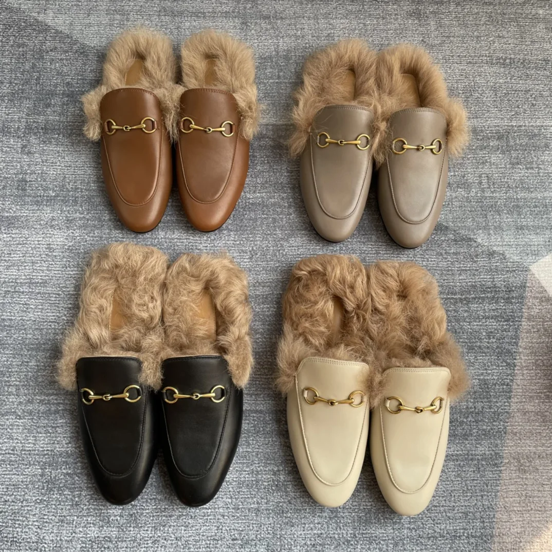 شباشب نصف مسطحة من مادة جلد البقر عالية الجودة بمقدمة مستديرة، أحذية كاجوال من الصوف مضادة للانزلاق في الهواء الطلق، صنادل عصرية بإبزيم معدني