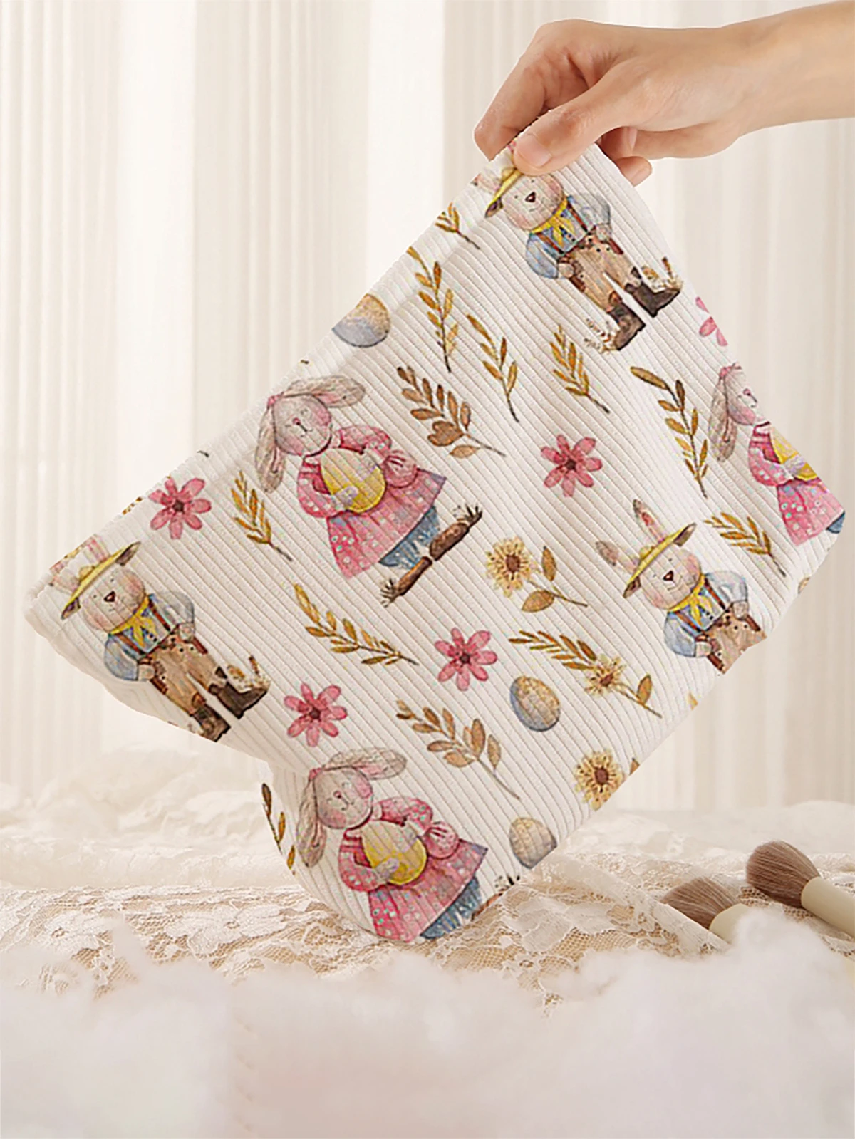 1 rabbit patterned corduroy makeup bag, lightweight zipper makeup storage box, multifunctional bag with lining