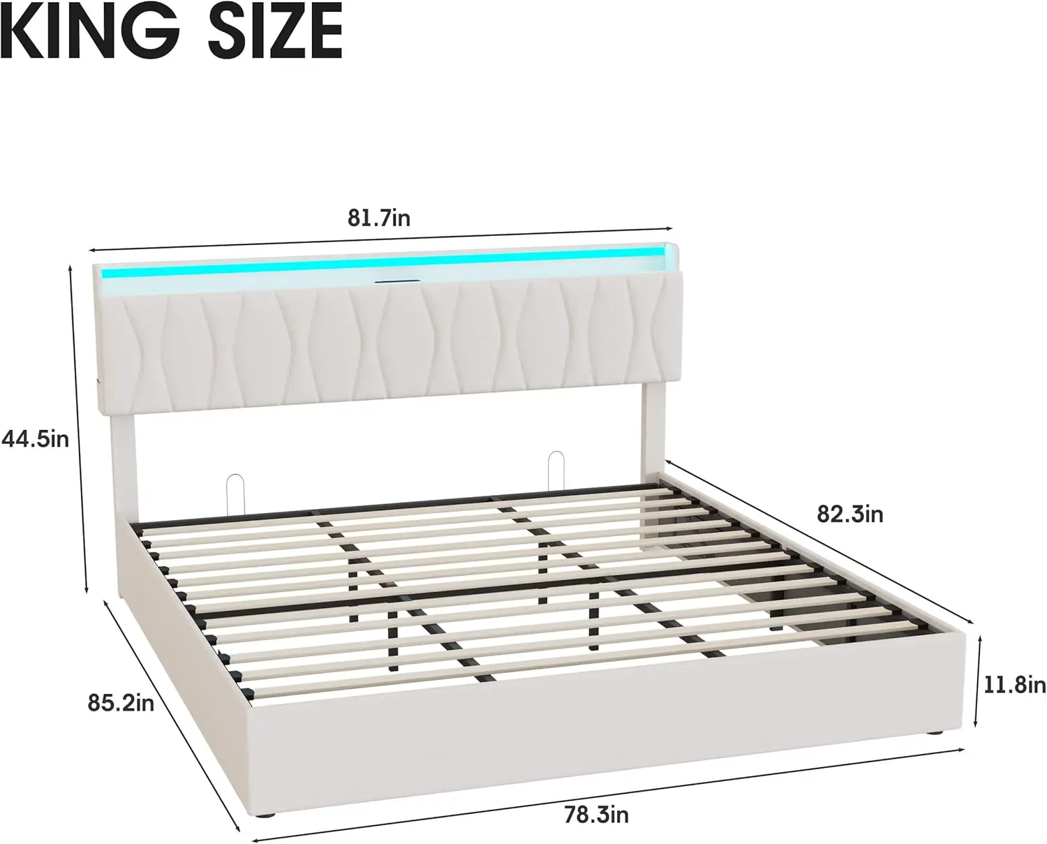 King Size Lift Up Storage Bed Frame, Height Adjustable Storage Headboard with Charging Station, LED Lights Upholstered Platform 2
