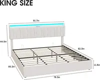 King Size Lift Up Storage Bed Frame, Height Adjustable Storage Headboard with Charging Station, LED Lights Upholstered Platform 2