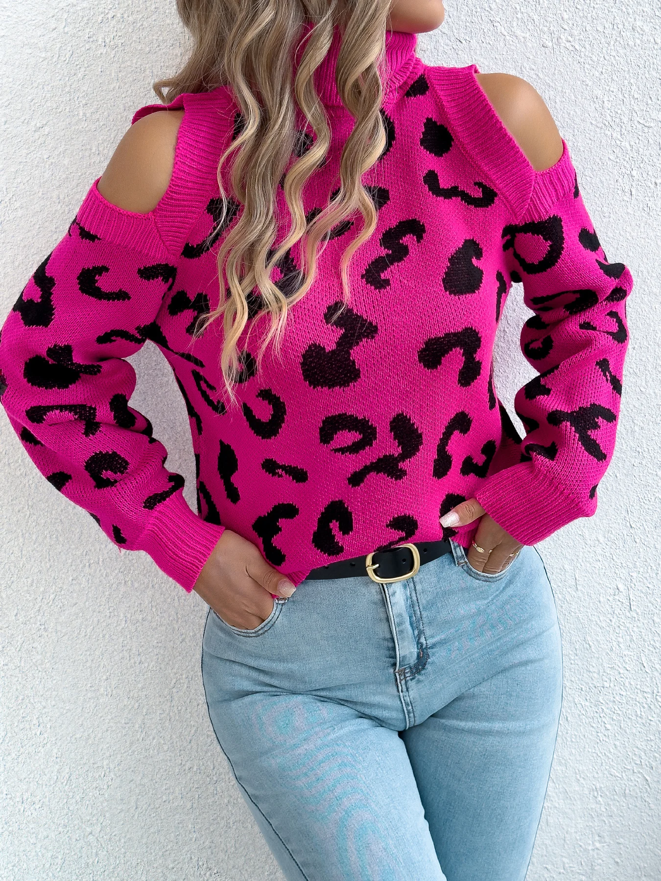 Women Off Shoulder Leopard Knitted Sweater