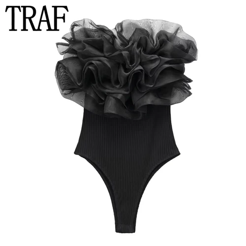 TRAF 화이트 바디 여성 오프 숄더 블랙 바디 슈트, 여성 오간자 프릴 섹시한 바디 란제리 여름 등이없는 민소매 바디 슈트 4