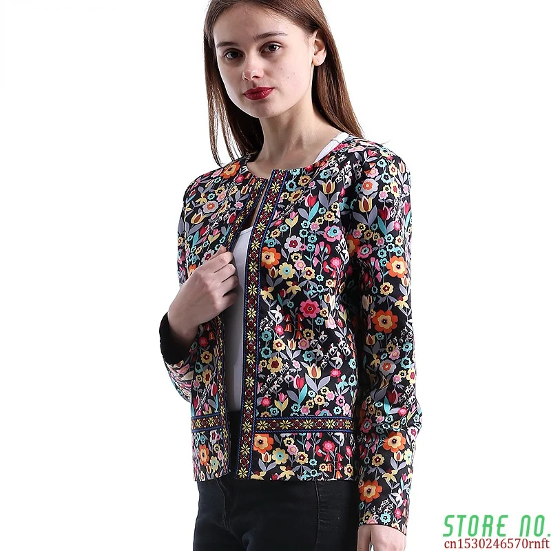 Spring Floral Print Womens Jacket Long Sleeve Basic Cardigan Jacket Female Elegant Outwear O-Neck Short Open Stitch Coat