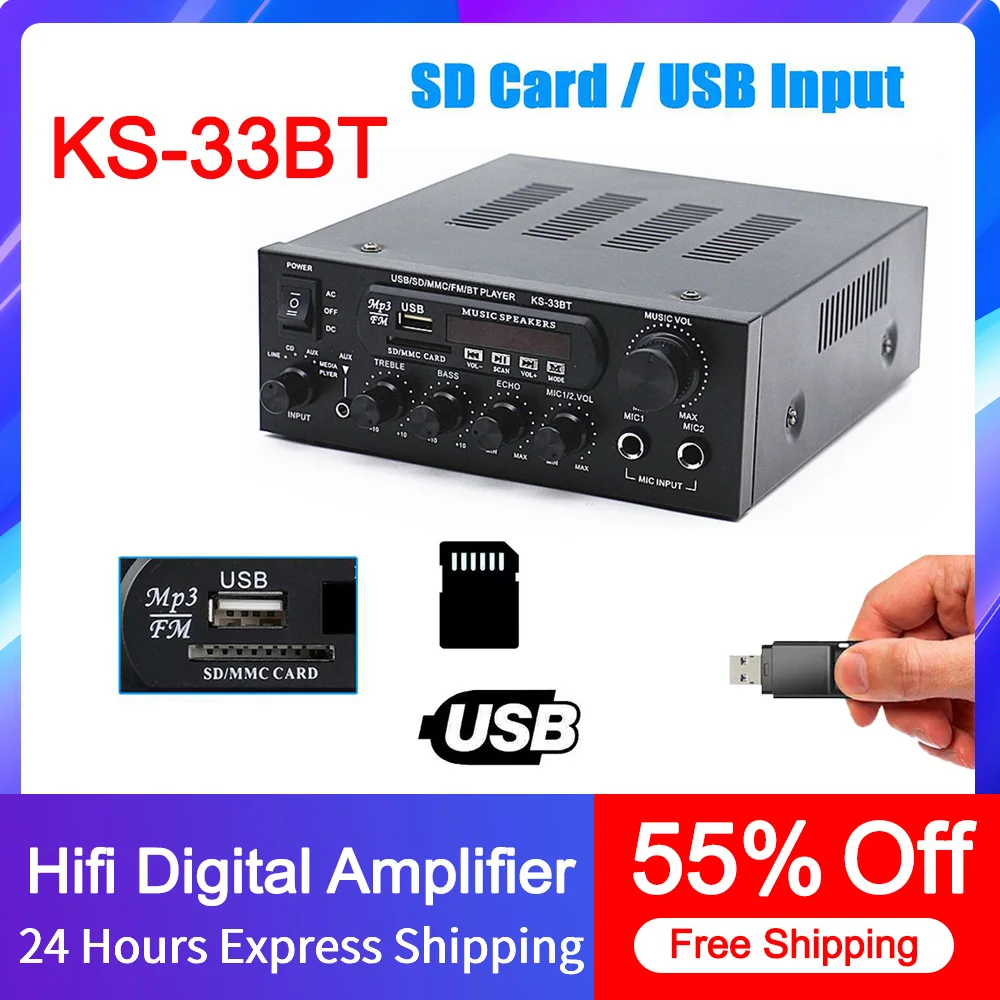

KS-33BT Hifi Digital Amplifier 2x60W Amplificador Bluetooth 5.0 Sound Amplifier 2 Channel Audio Amplifier FM Radio for Home Car