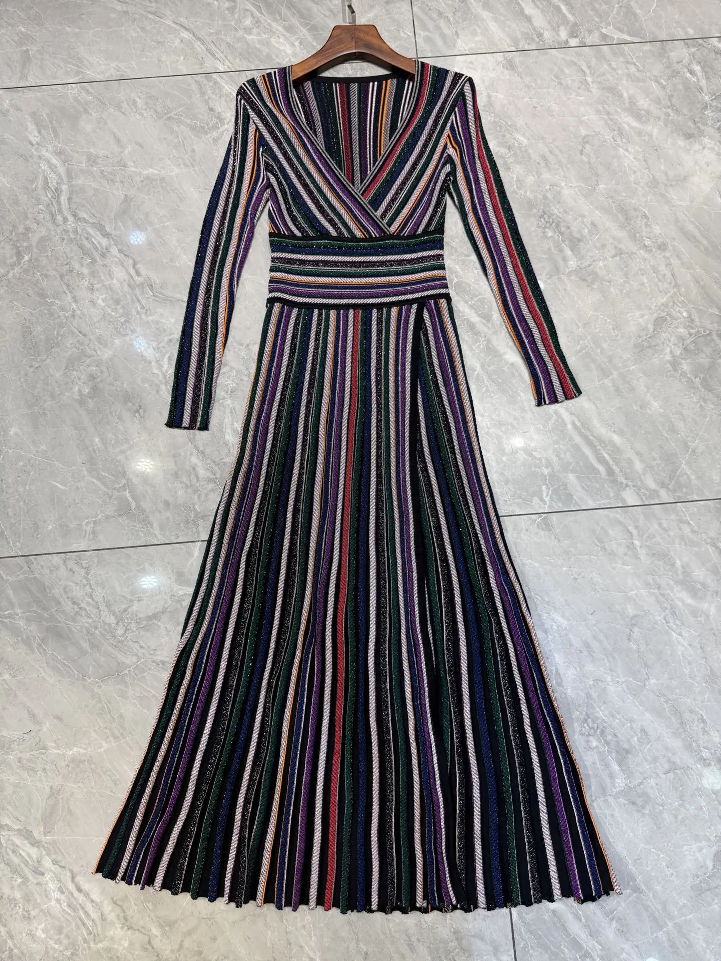 Women V Neck Metallic Sequined Embellished Striped Waist Pleated Long Knit  Dress 2 colors - AliExpress 200000345