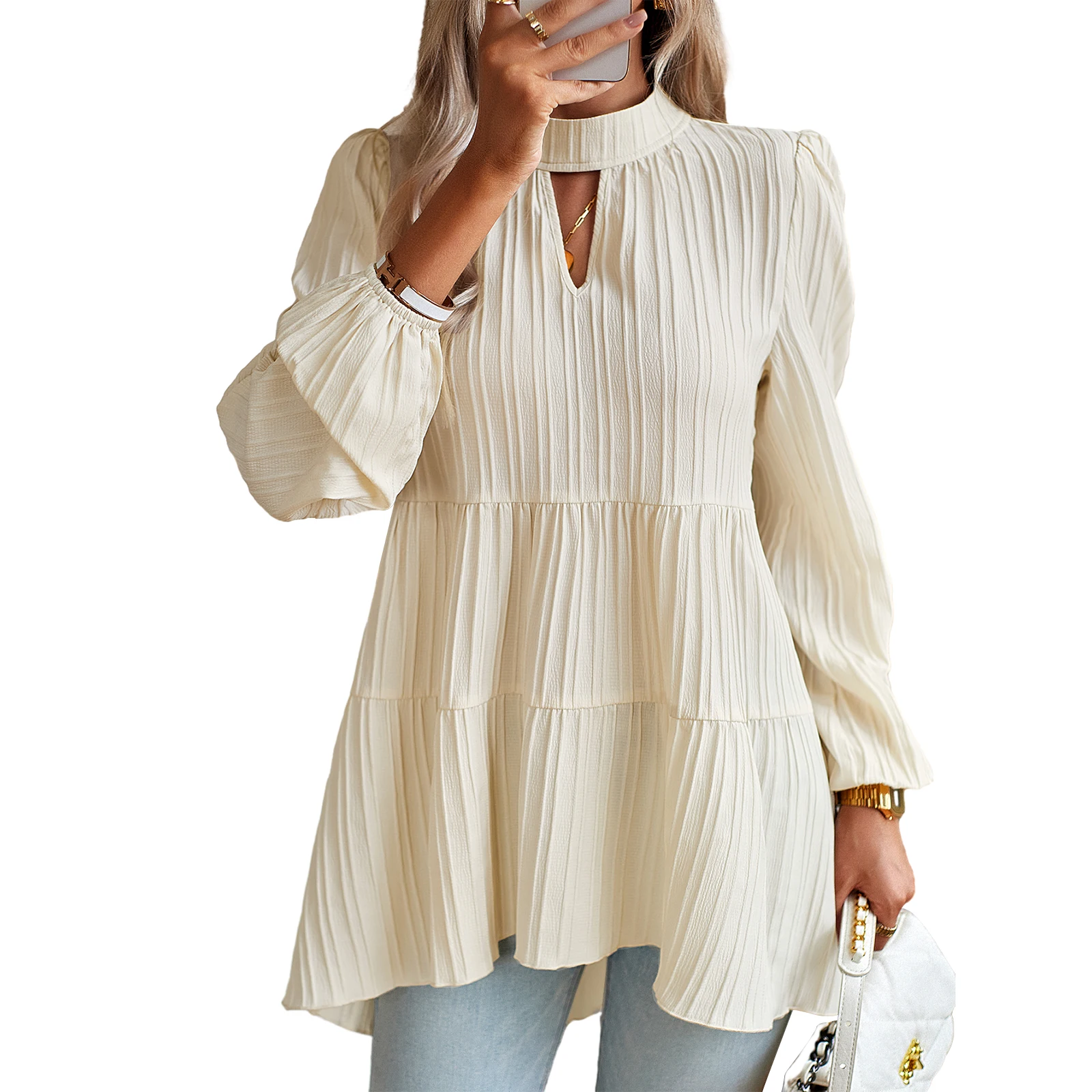 

Musuos Autumn Elegant Office Lady Shirt Tops Solid Color Women Long Sleeve Mock Neck Cutout Pleated Loose Blouse