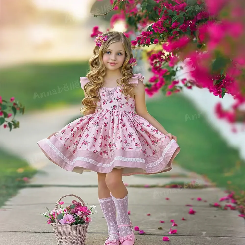 Annabelle Princess Dress Pieghettato Print Spaghetti Strap Dress Flower Baby Dress Per La Prima Comunione Baby Girl Cown
